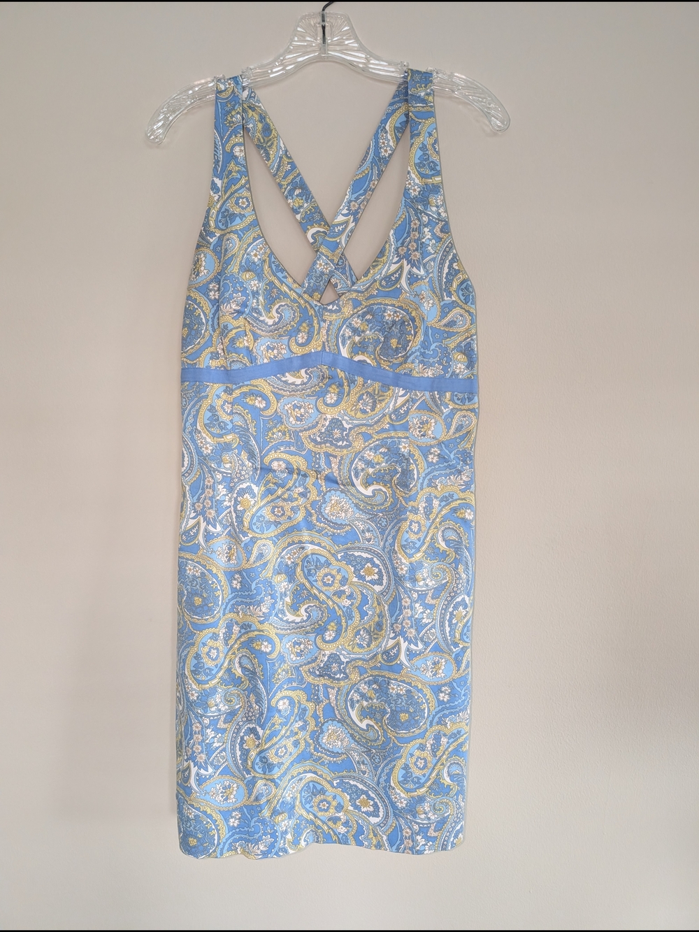 Vintage Telluride Lght Blue Paisley Halter Mini Dress with Crisscross Straps S-M